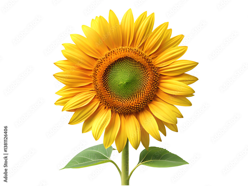 Fototapeta premium A vibrant sunflower, symbol of summer joy and radiant optimism, basking in bright sunlight against a pure white background.