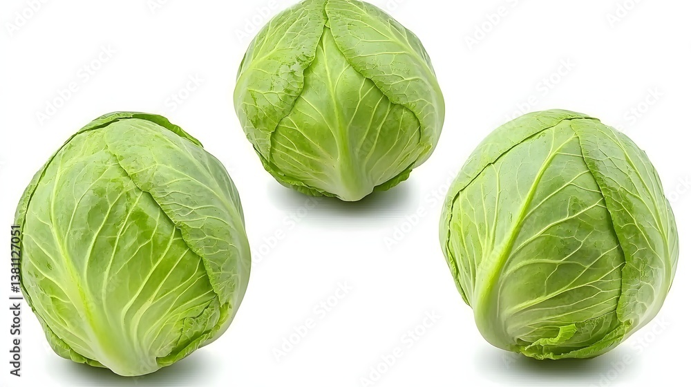 Three Fresh Green Cabbages with Detailed Leaves Isolated on White Background Three Fresh Green Cabbages with Detailed Leaves Isolated on White Background