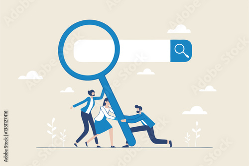 Search new job, finding candidate or discover talent, hiring and recruitment, SEO search engine optimization, find career opportunity concept, business people HR push magnifying glass on search bar.