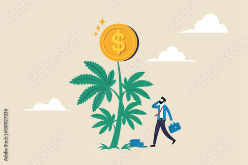 Cannabis business, ganja, marijuanas for medical and therapy to make money, legal CBD medicine, alternative cannabis oil concept, businessman watering cannabis plant with dollar money earning.