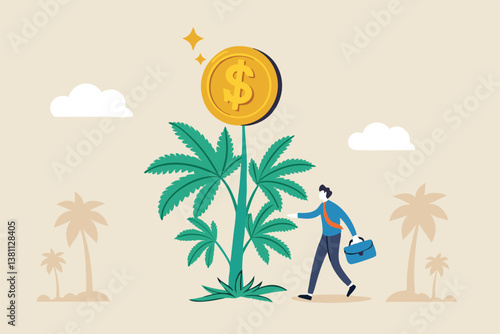 Cannabis business, ganja, marijuanas for medical and therapy to make money, legal CBD medicine, alternative cannabis oil concept, businessman watering cannabis plant with dollar money earning.