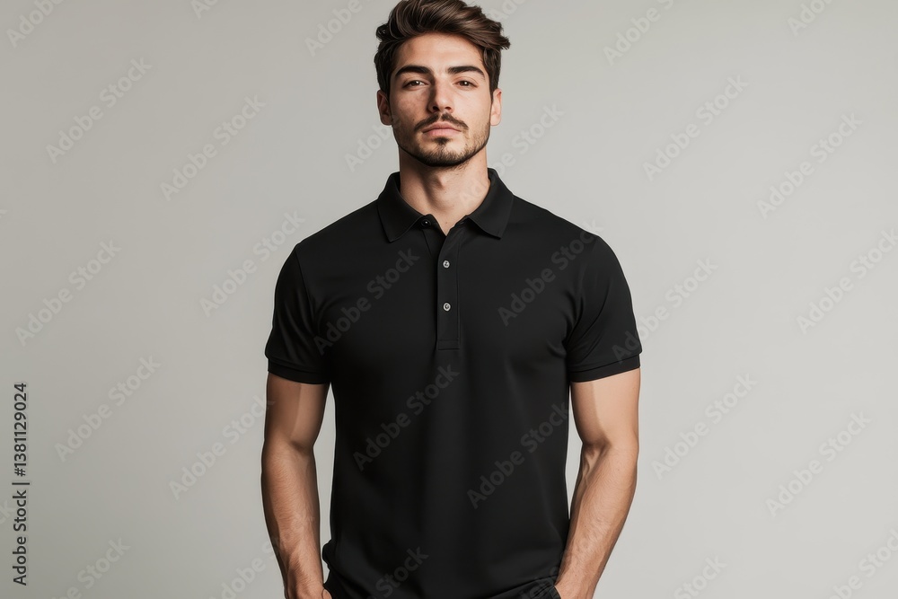 Fototapeta premium Blank black polo tshirt mockup front and back view Male model wearing a black color Henley tshirt on a White background front view and back view top section cropped .