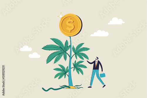 Cannabis business, ganja, marijuanas for medical and therapy to make money, legal CBD medicine, alternative cannabis oil concept, businessman watering cannabis plant with dollar money earning.