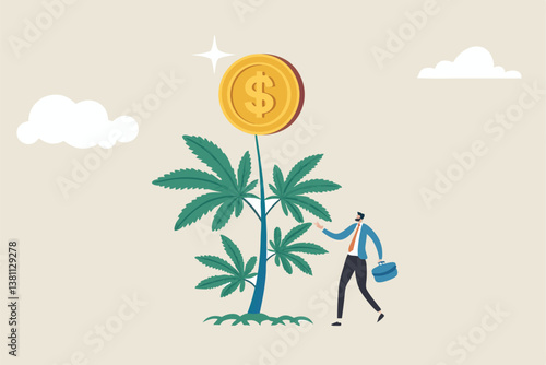 Cannabis business, ganja, marijuanas for medical and therapy to make money, legal CBD medicine, alternative cannabis oil concept, businessman watering cannabis plant with dollar money earning.
