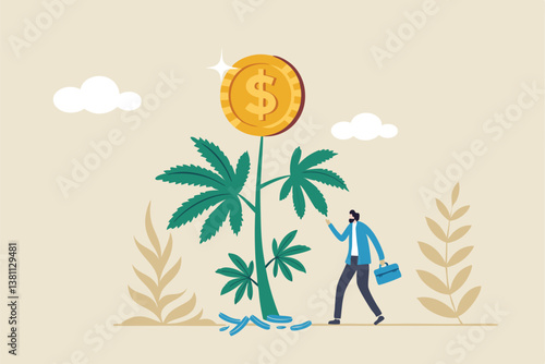 Cannabis business, ganja, marijuanas for medical and therapy to make money, legal CBD medicine, alternative cannabis oil concept, businessman watering cannabis plant with dollar money earning.