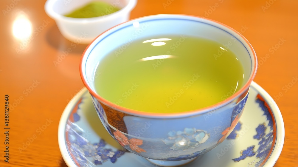 Ceramic Cup of Freshly Brewed Green Tea on Wooden Table with Side Dish in Asian Setting Ceramic Cup of Freshly Brewed Green Tea on Wooden Table with Side Dish in Asian Setting