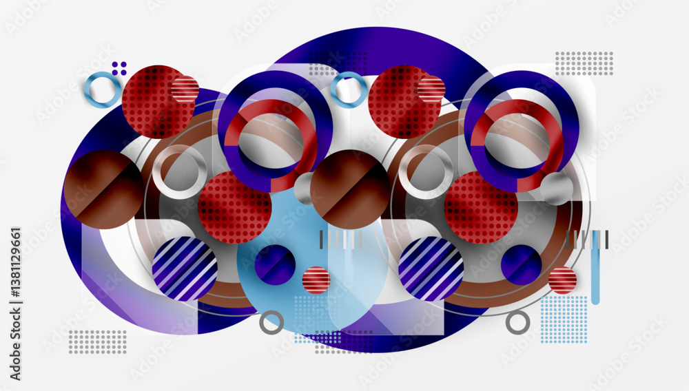 Fototapeta premium Abstract composition. Overlapping circles, rings, lines create dynamic visual effect. Red, blue, gray tones dominate. Modern design.