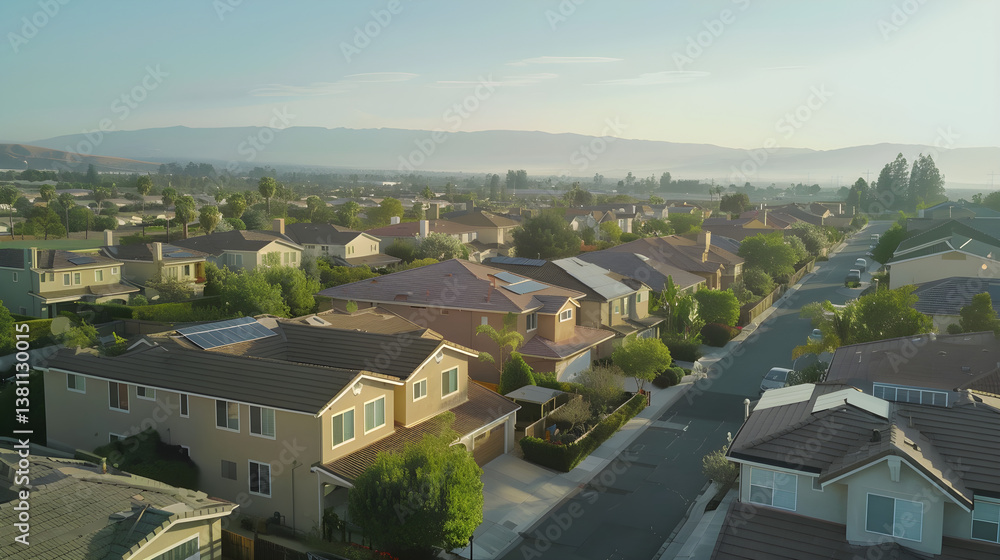 Fototapeta premium Aerial view of a modern suburban neighborhood with uniform houses, solar panels, and green spaces, showcasing sustainable urban design