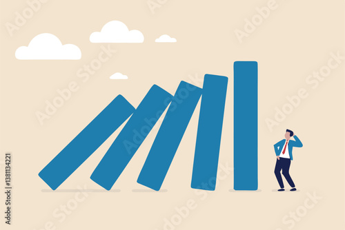 Risk management, uncertainty or unknown threat causing business failure, economic crisis, danger or problem, security and safety concept, courage businessman thinking look at collapsing domino effect.