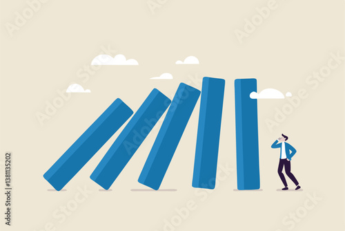 Risk management, uncertainty or unknown threat causing business failure, economic crisis, danger or problem, security and safety concept, courage businessman thinking look at collapsing domino effect.