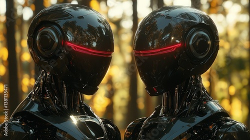 Twin Robotic Figures in a Forest Setting