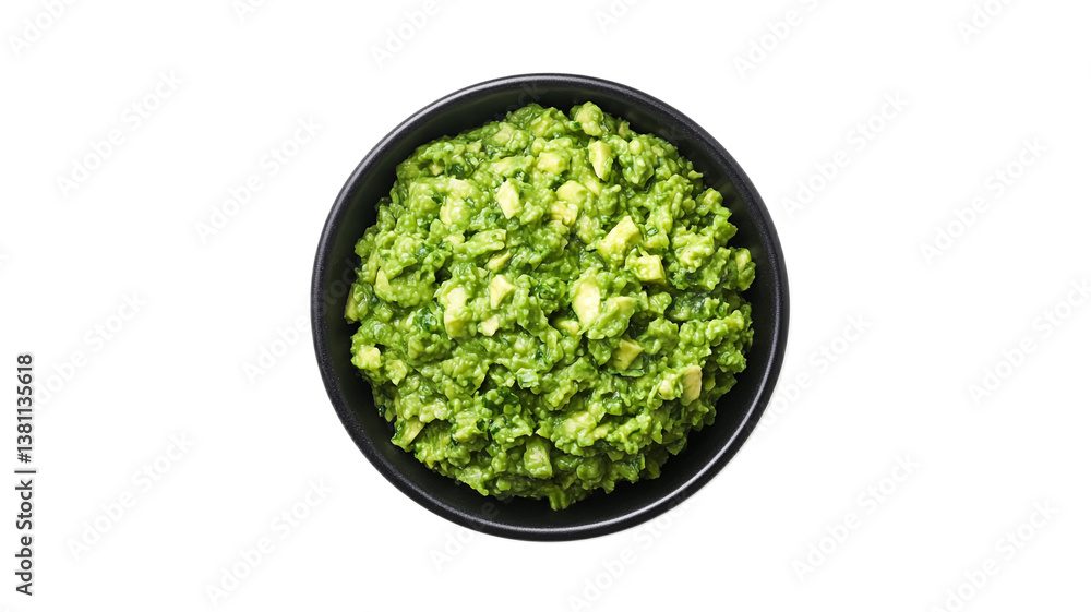 Fresh Guacamole Made from Ripe Avocado Garnished with Lime and Cilantro in a Black Bowl Isolated on White Background Fresh Guacamole Made from Ripe Avocado Garnished with Lime and Cilantro in a Black Bowl Isolated on White Background