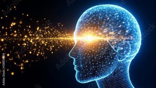 A blue wireframe head in profile shows a glowing brain area emitting a focused beam of golden light particles against black. Ideal for AI, focus, or thought power visuals. Concentrated mental energy. 