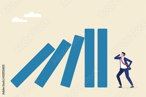Risk management, uncertainty or unknown threat causing business failure, economic crisis, danger or problem, security and safety concept, courage businessman thinking look at collapsing domino effect.
