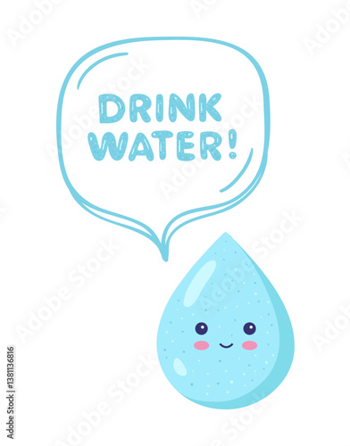 "Drink water" quote cartoon featuring a playful drop encouraging hydration. Bright vector illustration for health and wellness promotions.