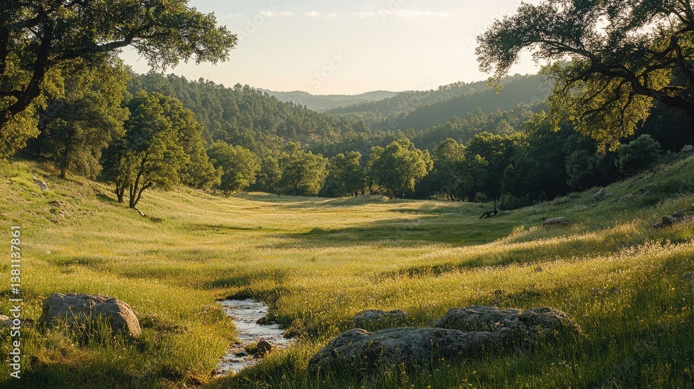 Obraz premium Serene Valley Landscape with Flowing Stream and Lush Greenery at Sunrise