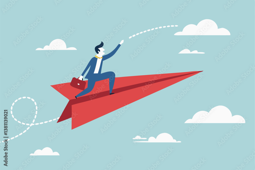 Communication, announcement or marketing message, loud speaker promotion notice or communicate important information concept, businessman on origami airplane shouting or announce message on megaphone. Communication, announcement or marketing message, loud speaker promotion notice or communicate important information concept, businessman on origami airplane shouting or announce message on megaphone.