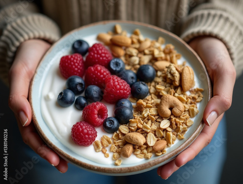 Wallpaper Mural Woman holding breakfast bowl with yogurt, granola, nuts, raspberries and blueberries. Healthy and nutritious breakfast rich in protein and vitamins Torontodigital.ca