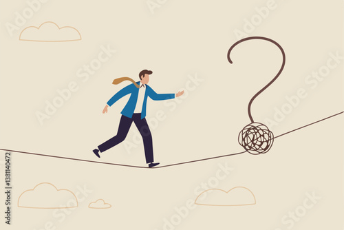Uncertainty, unknown problem, challenge to overcome or investment risk, find out solution for business difficulty, adversity or determination, businessman acrobat rope walking to find question mark.