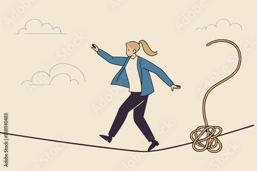 Uncertainty, unknown problem, challenge to overcome or investment risk, find out solution for business difficulty, adversity or determination, businessman acrobat rope walking to find question mark.