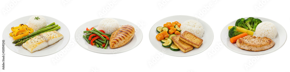 Four Balanced Meals Protein, Rice Vegetables. Four Balanced Meals Protein, Rice Vegetables.