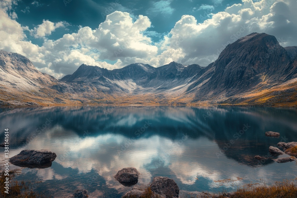 Obraz premium Majestic mountain landscape with serene lake reflecting clouds and peaks under blue sky