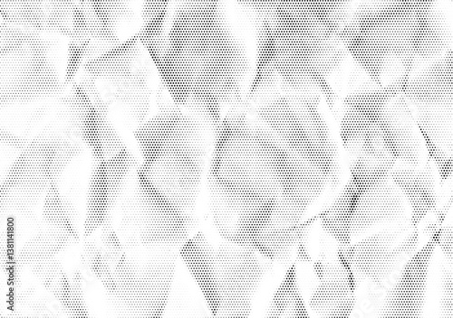 Halftone paper effect. Crumpled paper texture with folds and scratches. Wrinkled white paper in halftone collage style. Vector