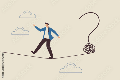 Uncertainty, unknown problem, challenge to overcome or investment risk, find out solution for business difficulty, adversity or determination, businessman acrobat rope walking to find question mark.
