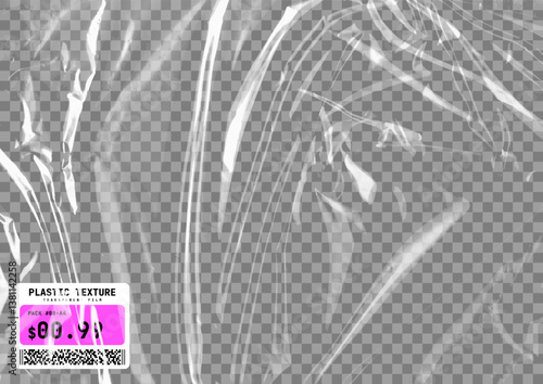 Transparent plastic film texture. Stretchable polyethylene film in A4 size. Plastic stretch cellophane effect with a crumpled and wrinkled texture. Realistic wrapping stretch film. Vector