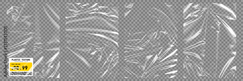 Transparent plastic film texture. Stretchable polyethylene film in A4 size. Plastic stretch cellophane effect with a crumpled and wrinkled texture. Realistic wrapping stretch film. Vector