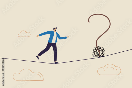 Uncertainty, unknown problem, challenge to overcome or investment risk, find out solution for business difficulty, adversity or determination, businessman acrobat rope walking to find question mark.