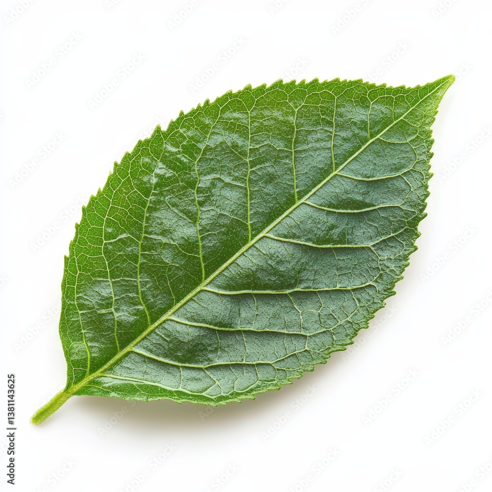 Fototapeta premium Single Green Leaf Isolated on White Background Perfect for Nature Botany and Ecology Projects
