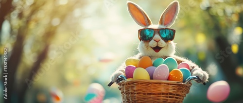 An Easter bunny with sunglasses delivers colorful eggs by bicycle through a cheerful spring scene. Cute rabbit, funny character, holiday illustration, festive animal, joyful transportation design.