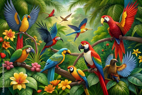 A vibrant tropical parrot, a colorful bird with red and blue feathers, perches on a green branch amidst jungle leaves