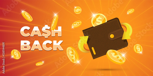 Cashback wallet banner with golden coins and arrow. Vector illustration for promo, discount, financial rewards or online shopping offers. Perfect for marketing, banking and e-commerce ads.