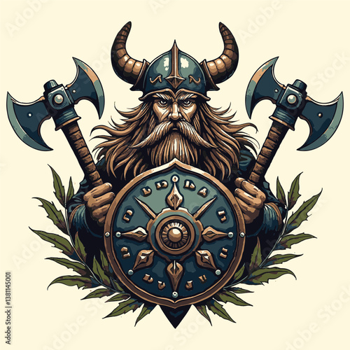 Mighty warrior clad in armor brandishes axes and shield in a detailed Norse design