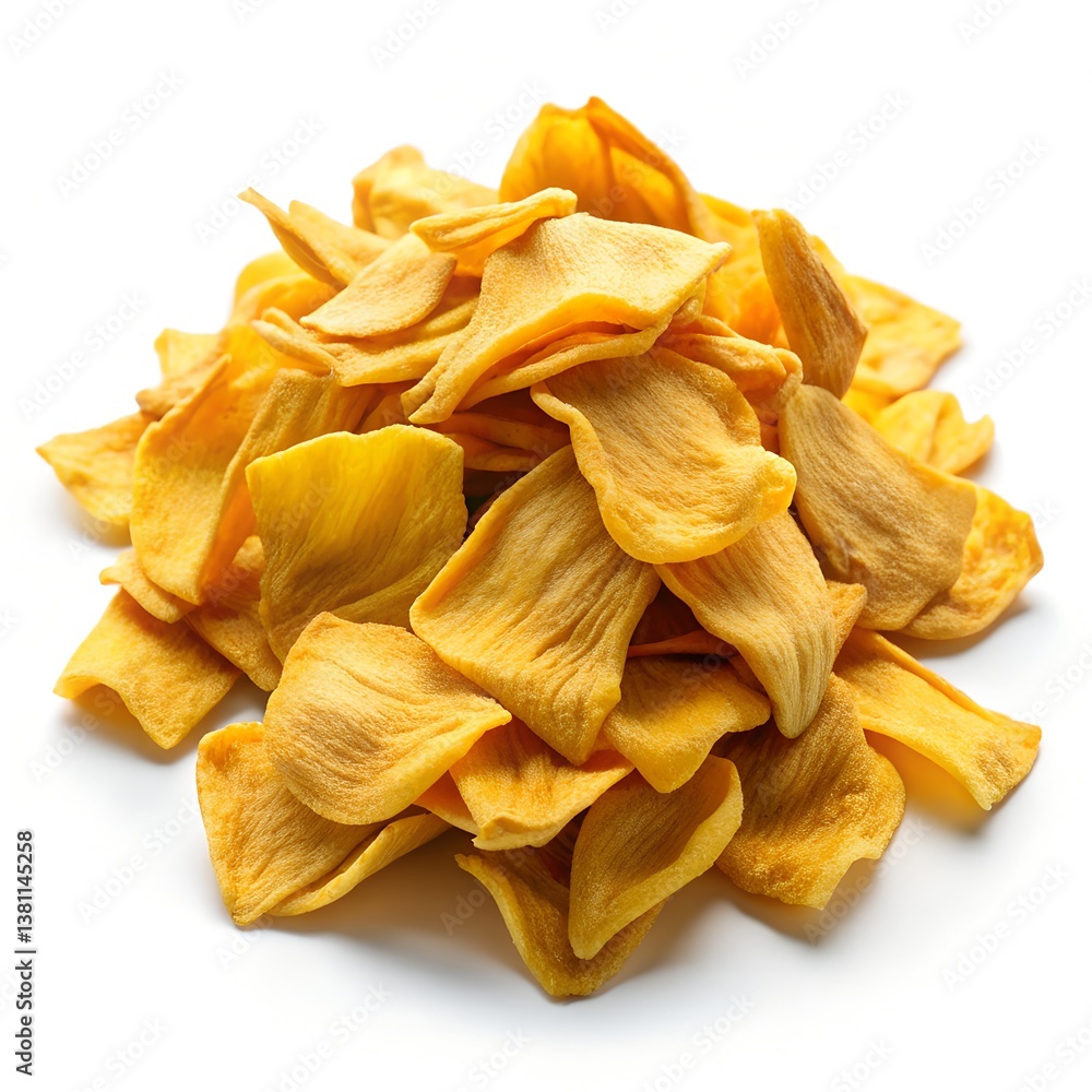 Crispy Jackfruit Chips: A close-up shot of golden-yellow jackfruit chips piled high, showcasing their crispy texture and inviting deliciousness, perfect for healthy snacking. Crispy Jackfruit Chips: A close-up shot of golden-yellow jackfruit chips piled high, showcasing their crispy texture and inviting deliciousness, perfect for healthy snacking.