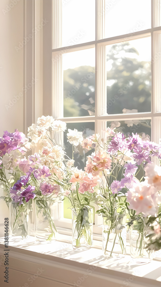 Pastel Flowers in Glass Vases on Sunny Windowsill Pastel Flowers in Glass Vases on Sunny Windowsill
