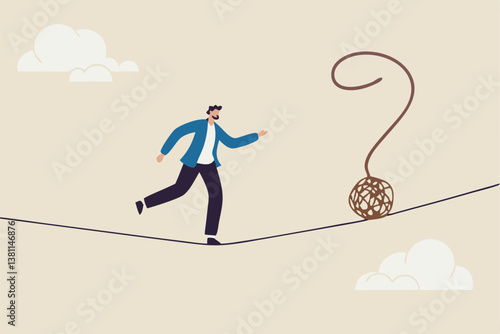 Uncertainty, unknown problem, challenge to overcome or investment risk, find out solution for business difficulty, adversity or determination, businessman acrobat rope walking to find question mark.