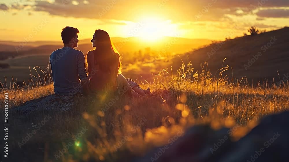 A couple watches the sunset together from a grassy hilltop, embracing the warm, golden light. A couple watches the sunset together from a grassy hilltop, embracing the warm, golden light.