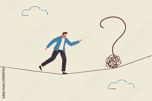 Uncertainty, unknown problem, challenge to overcome or investment risk, find out solution for business difficulty, adversity or determination, businessman acrobat rope walking to find question mark.