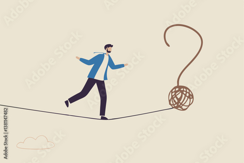 Uncertainty, unknown problem, challenge to overcome or investment risk, find out solution for business difficulty, adversity or determination, businessman acrobat rope walking to find question mark.