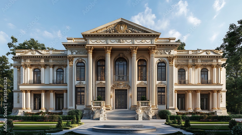 Obraz premium Majestic neoclassical grand exterior with towering Corinthian columns intricate stone carvings symmetrical facades and classical detailing reminiscent of ancient Greek and Roman architecture