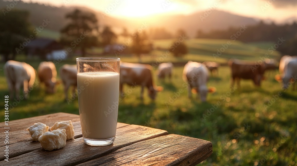 Fresh Milk and Cheese on Rustic Table, Cows in Pasture