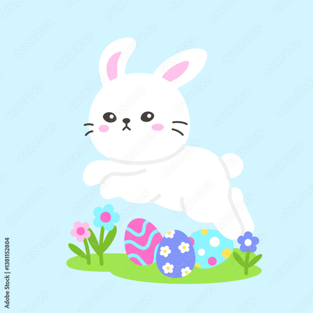 Fototapeta premium Easter Bunny Jumping Over Decorated Eggs with Spring Flowers