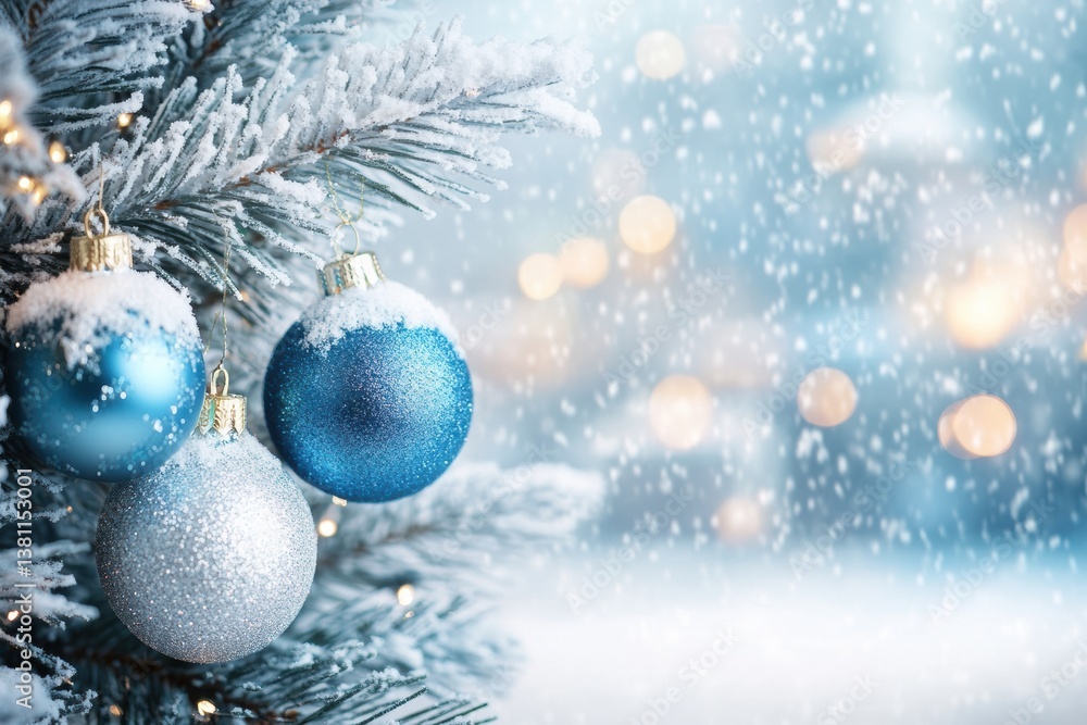 Festive snow-covered pine tree with blue and silver ornaments in winter wonderland Festive snow-covered pine tree with blue and silver ornaments in winter wonderland