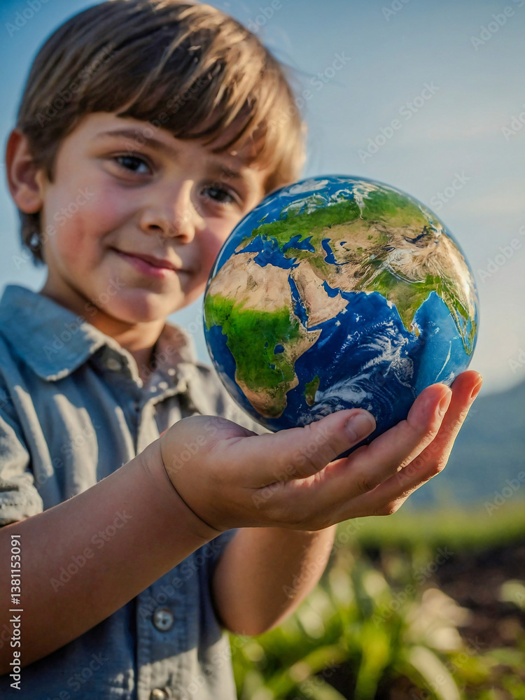 Kid holding a small planet, celebrating Earth Day. Kid holding a small planet, celebrating Earth Day.