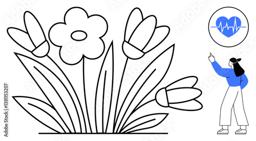 Flowers and leaves grouped together reflect life and growth. A heartbeat icon and pointing person suggest health care, fitness, or vitality themes. Ideal for wellness, growth, health, self-care