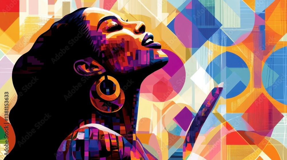Fototapeta premium Abstract illustration of a woman singing in worship, with vibrant geometric patterns symbolizing faith, creativity, and spiritual expression.