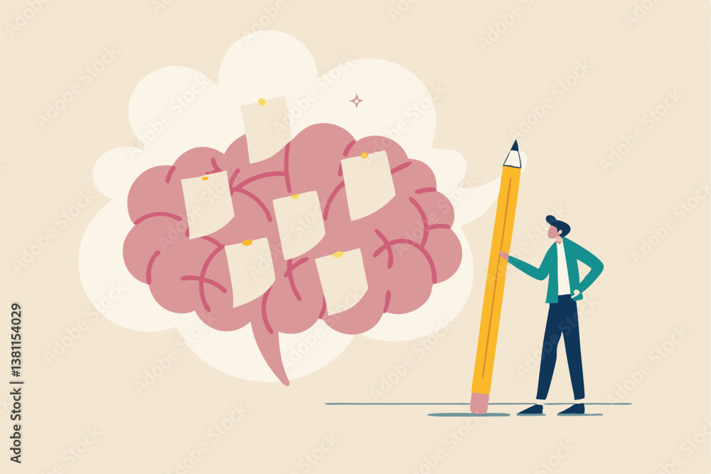Idea memo, brainstorm or scrum sticky notes, productive plan, memory or task reminder, mind map for work arrangement, thought and wisdom concept, businessman write sticky notes on human brain. Idea memo, brainstorm or scrum sticky notes, productive plan, memory or task reminder, mind map for work arrangement, thought and wisdom concept, businessman write sticky notes on human brain.